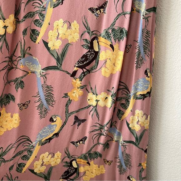 Reformation Jade Dress Midi Conga Tropical Bird Print Pink Yellow Tie Straps - Picture 4 of 10